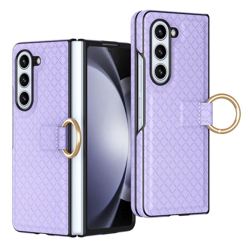 GKK Anti-Drop Phone Case for Samsung Galaxy Z Fold5 5G Grids Imprinted PU PC Phone Cover with Ring Finger Holder GKK Anti-Drop Phone Case for Samsung Galaxy Z Fold5 5G Grids Imprinted PU PC Phone Cover with Ring Finger Holder